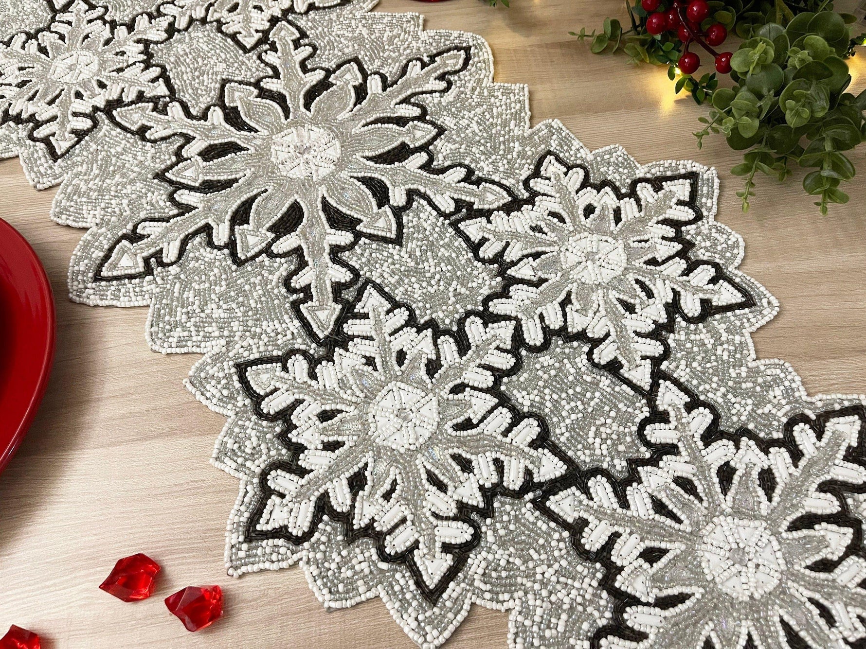 Christmas Snowflakes Beaded Table Runner