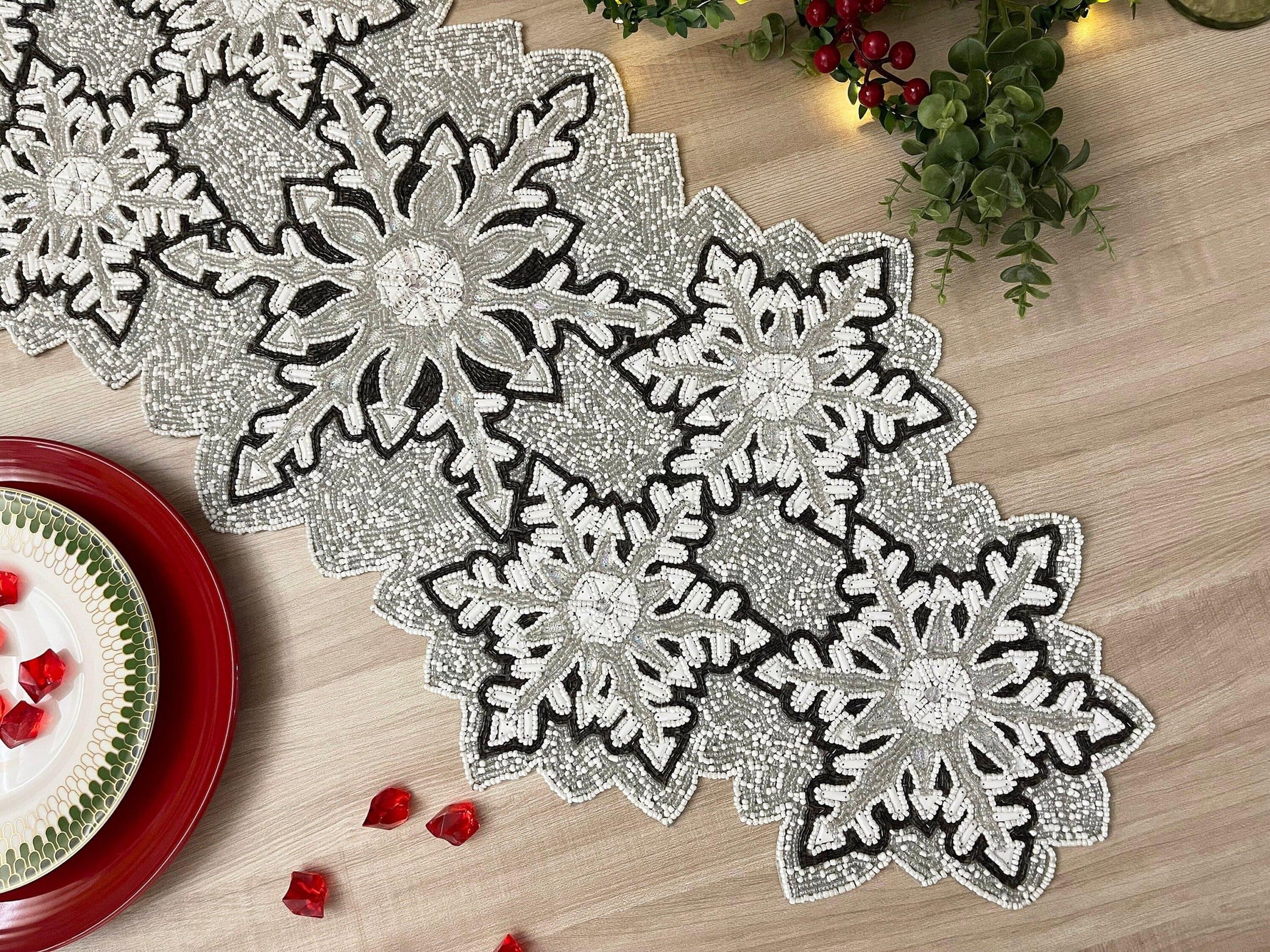 Christmas Snowflakes Beaded Table Runner