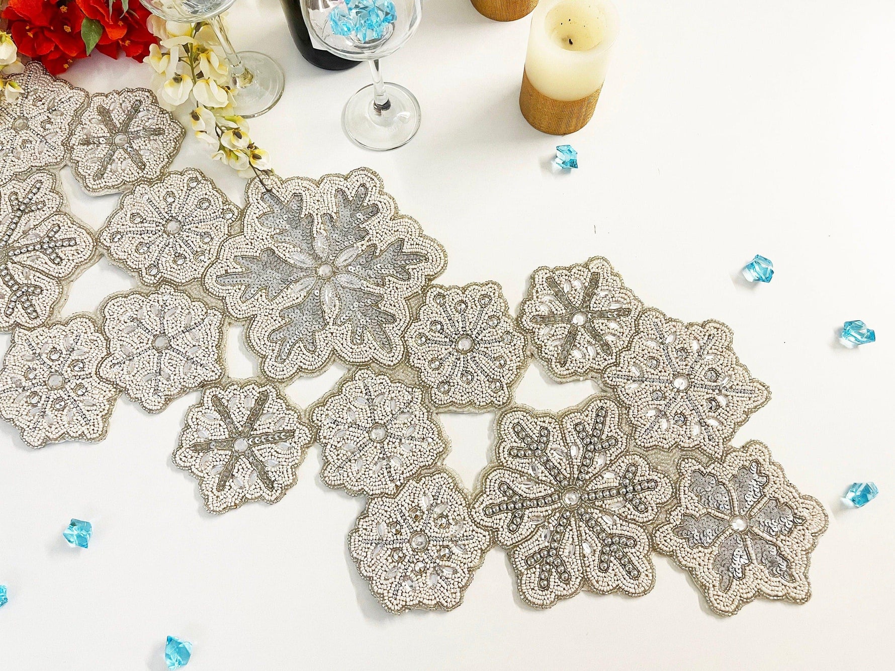 Christmas Snowflakes Sequin and Bead Table Runner