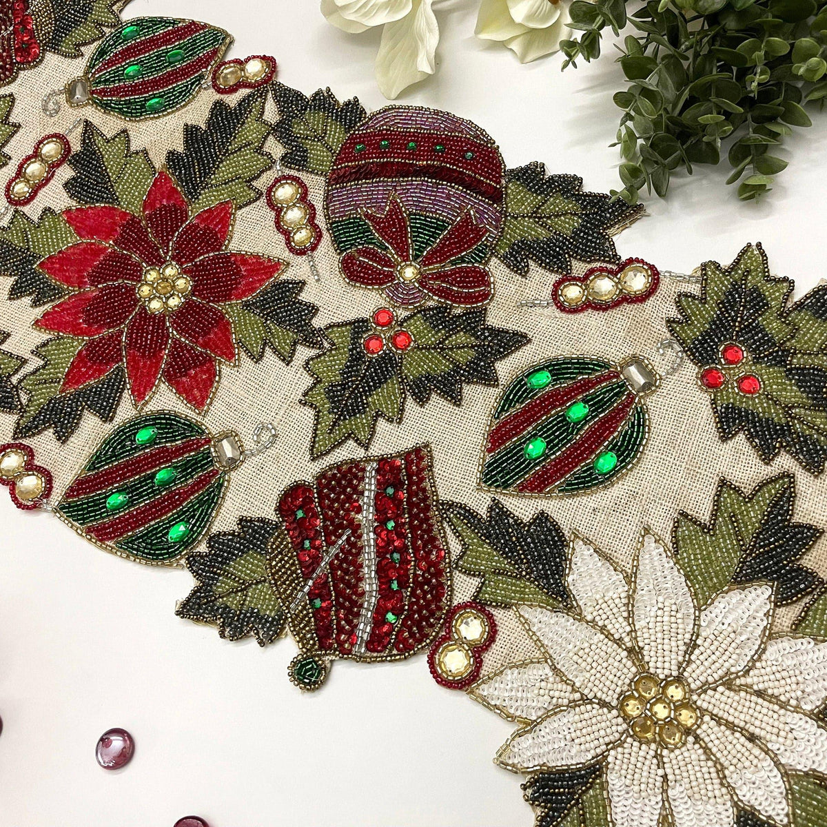 Christmas Spirit Bells and Flowers Beaded Table Runner