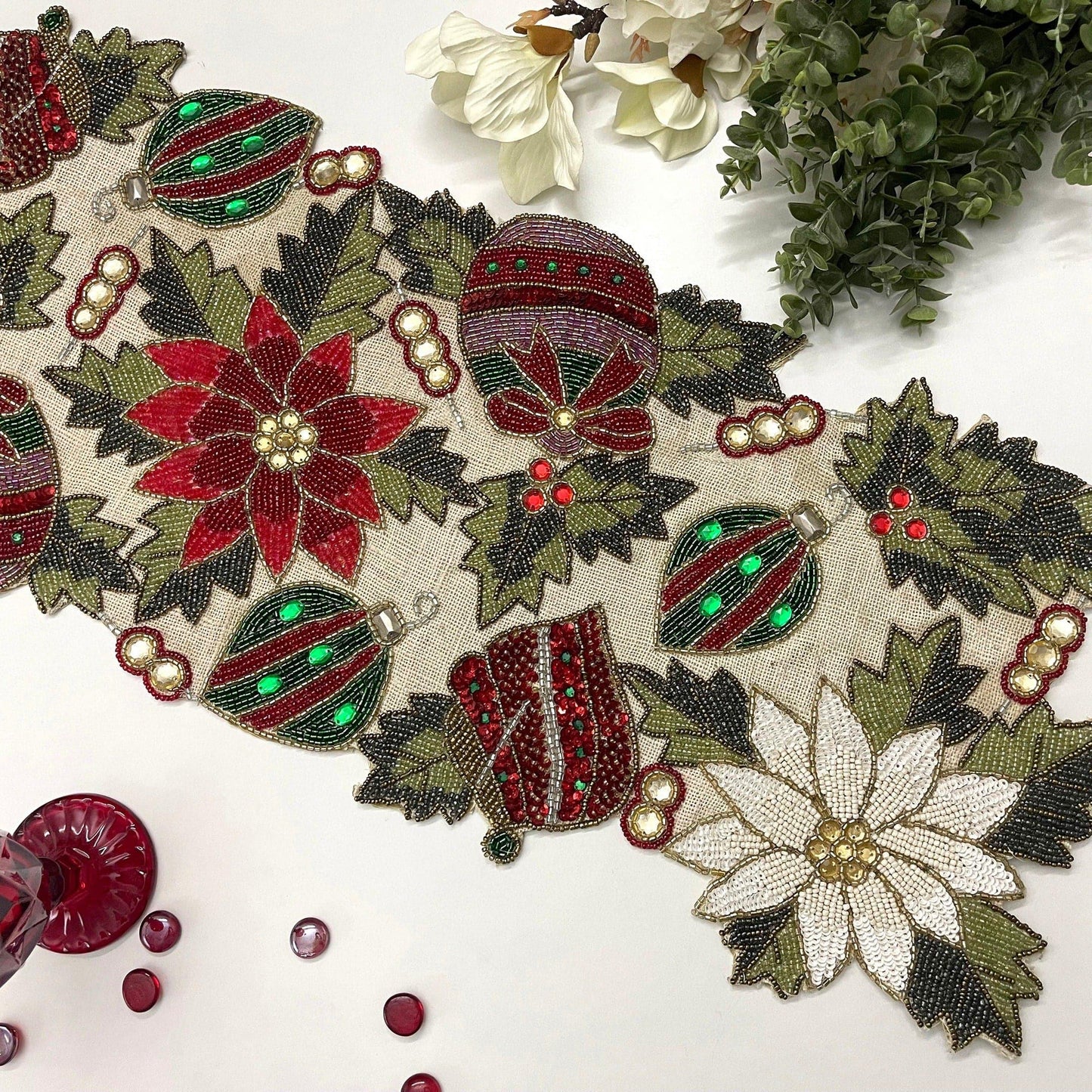 Christmas Spirit Bells and Flowers Beaded Table Runner