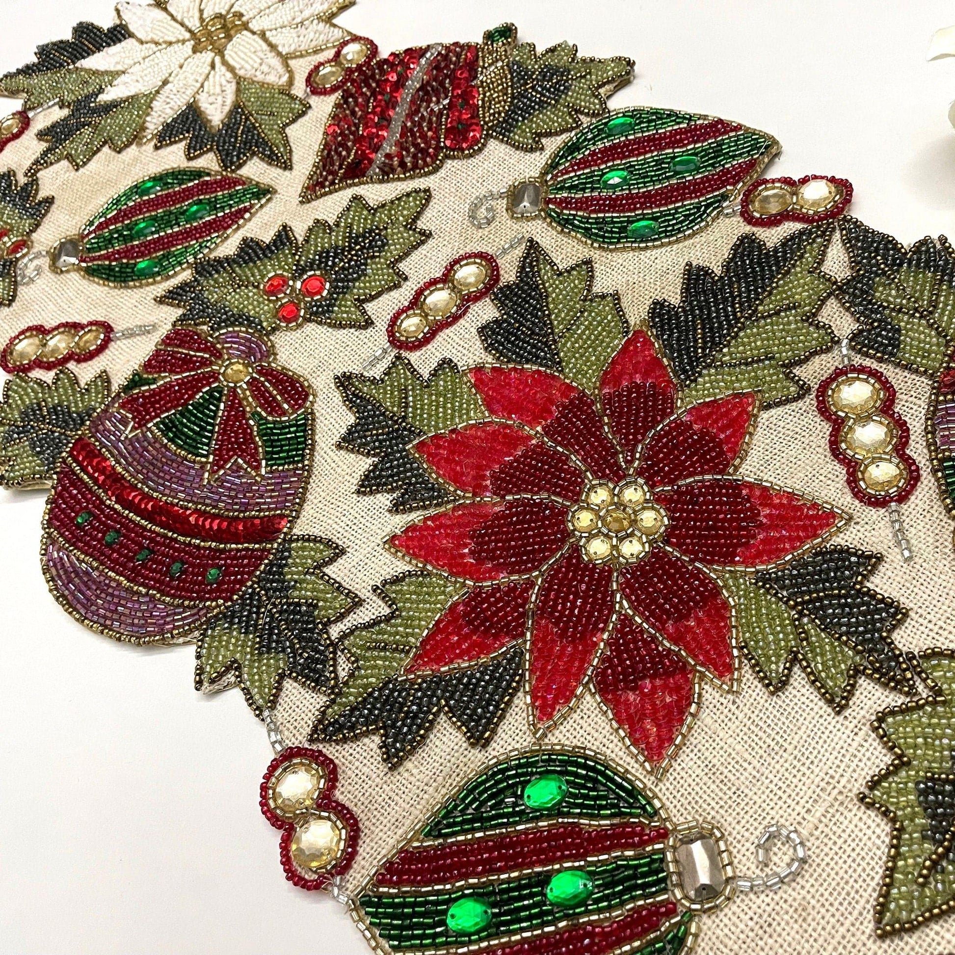 Christmas Spirit Bells and Flowers Beaded Table Runner