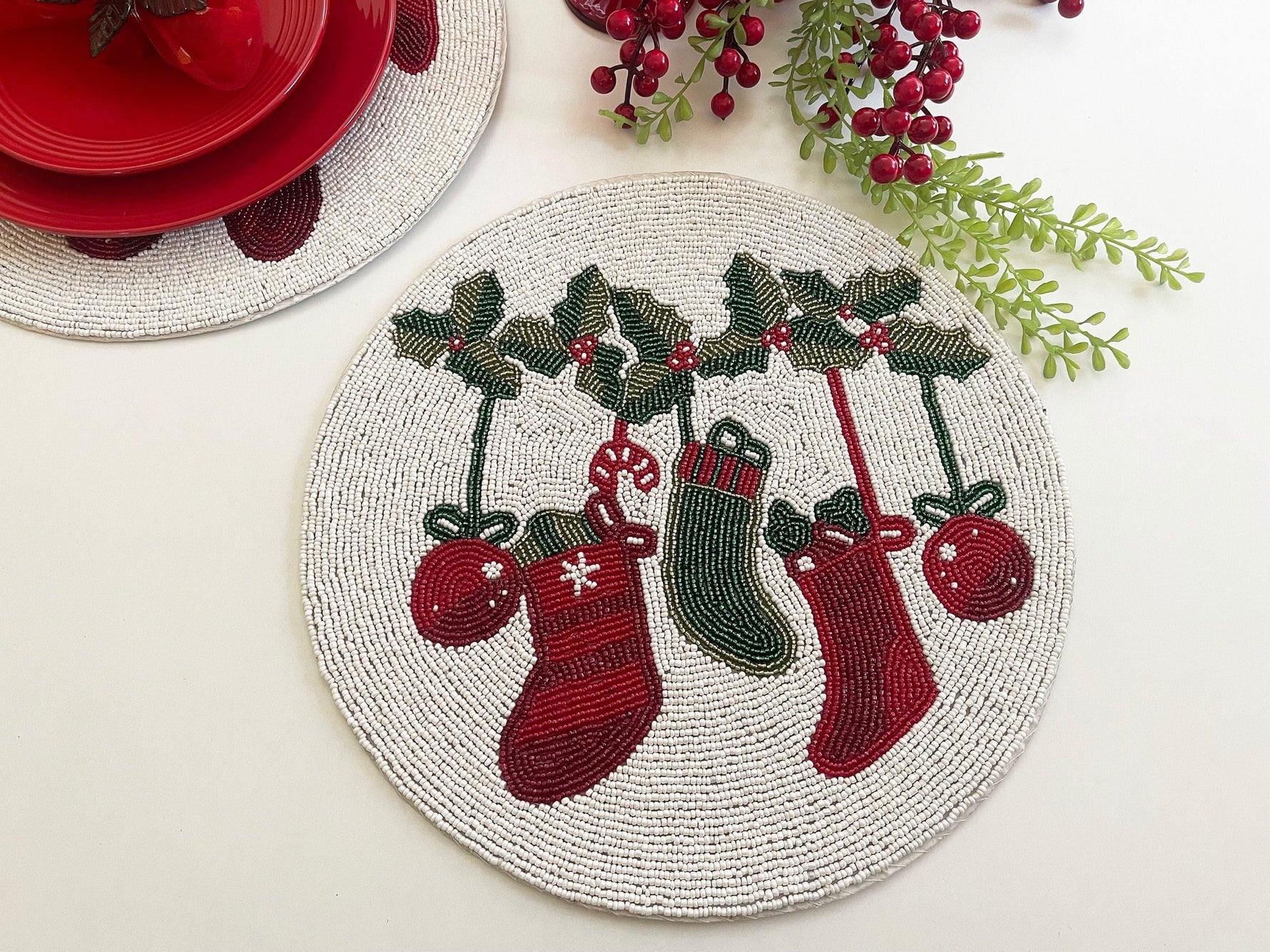 Christmas Stocking Round Beaded Placemat - Set of 6 Default Title