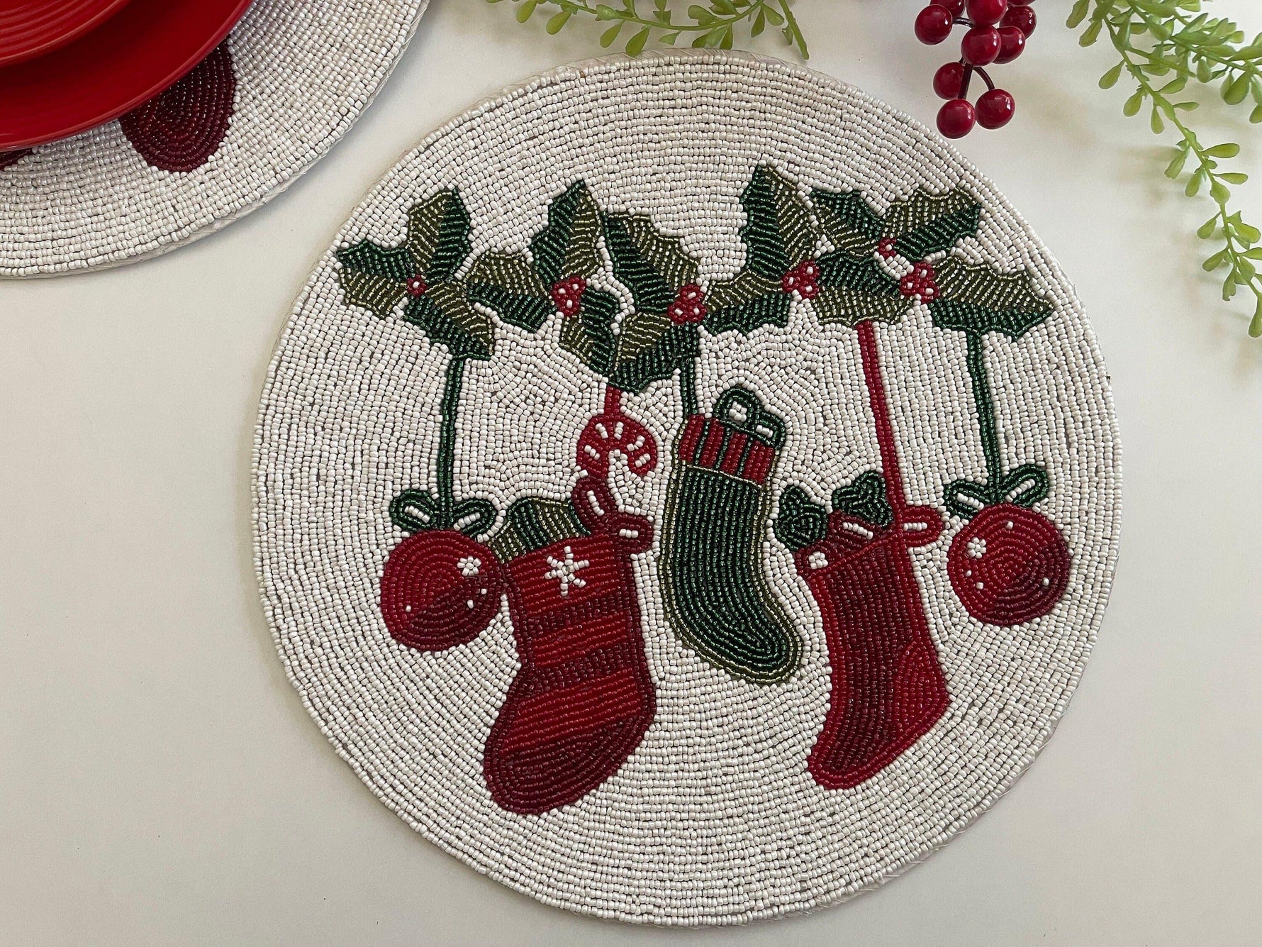 Christmas Stocking Round Beaded Placemat - Set of 6