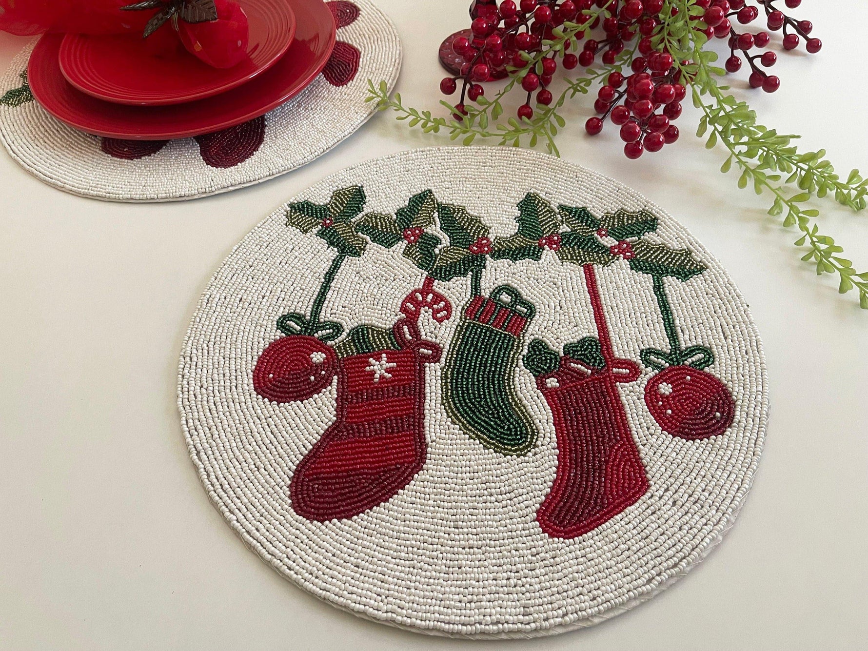 Christmas Stocking Round Beaded Placemat - Set of 6