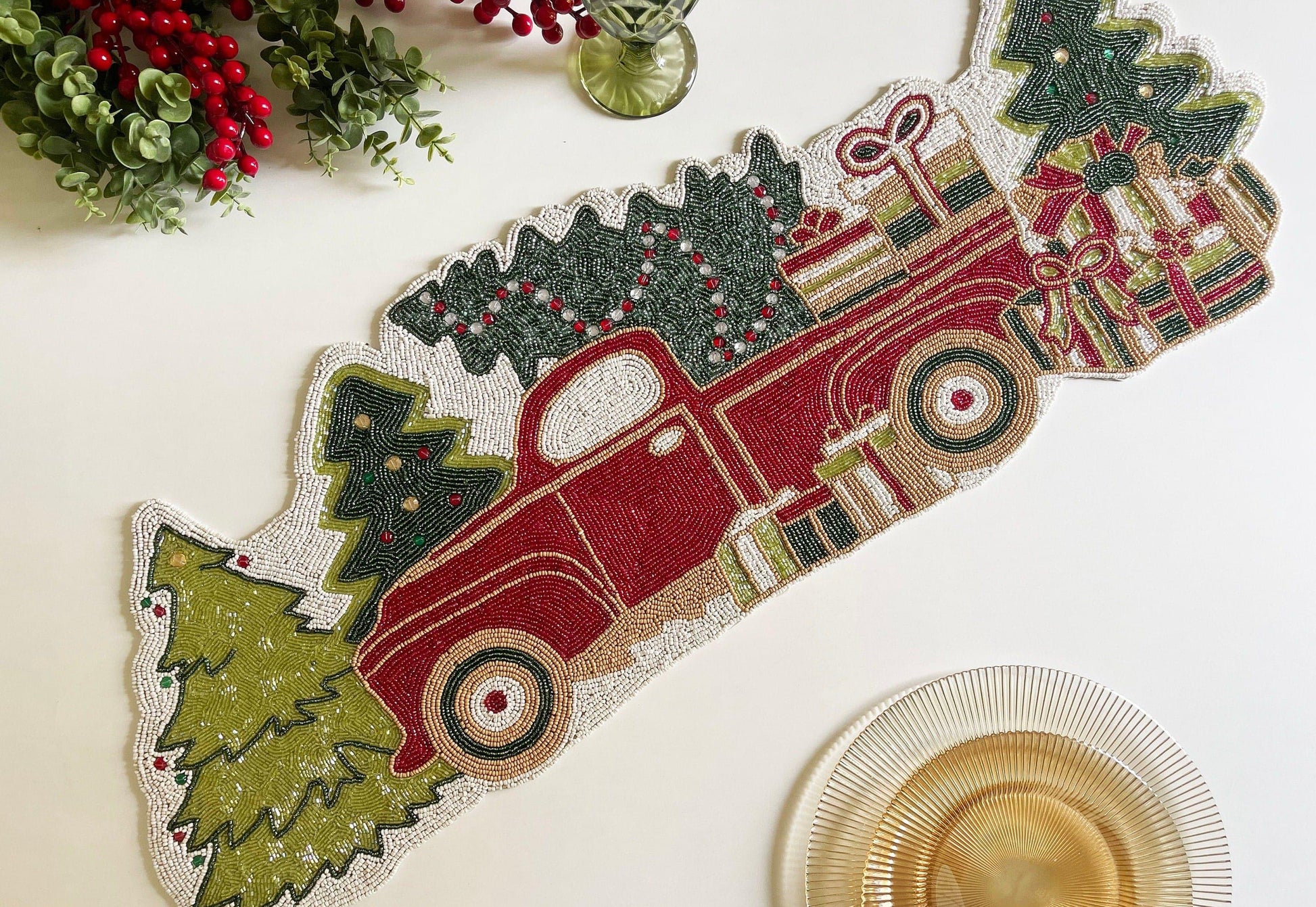 Christmas Trees and Red Trucks Beaded Table Runner - MAIA HOMES