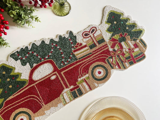 Christmas Trees and Red Trucks Beaded Table Runner - MAIA HOMES