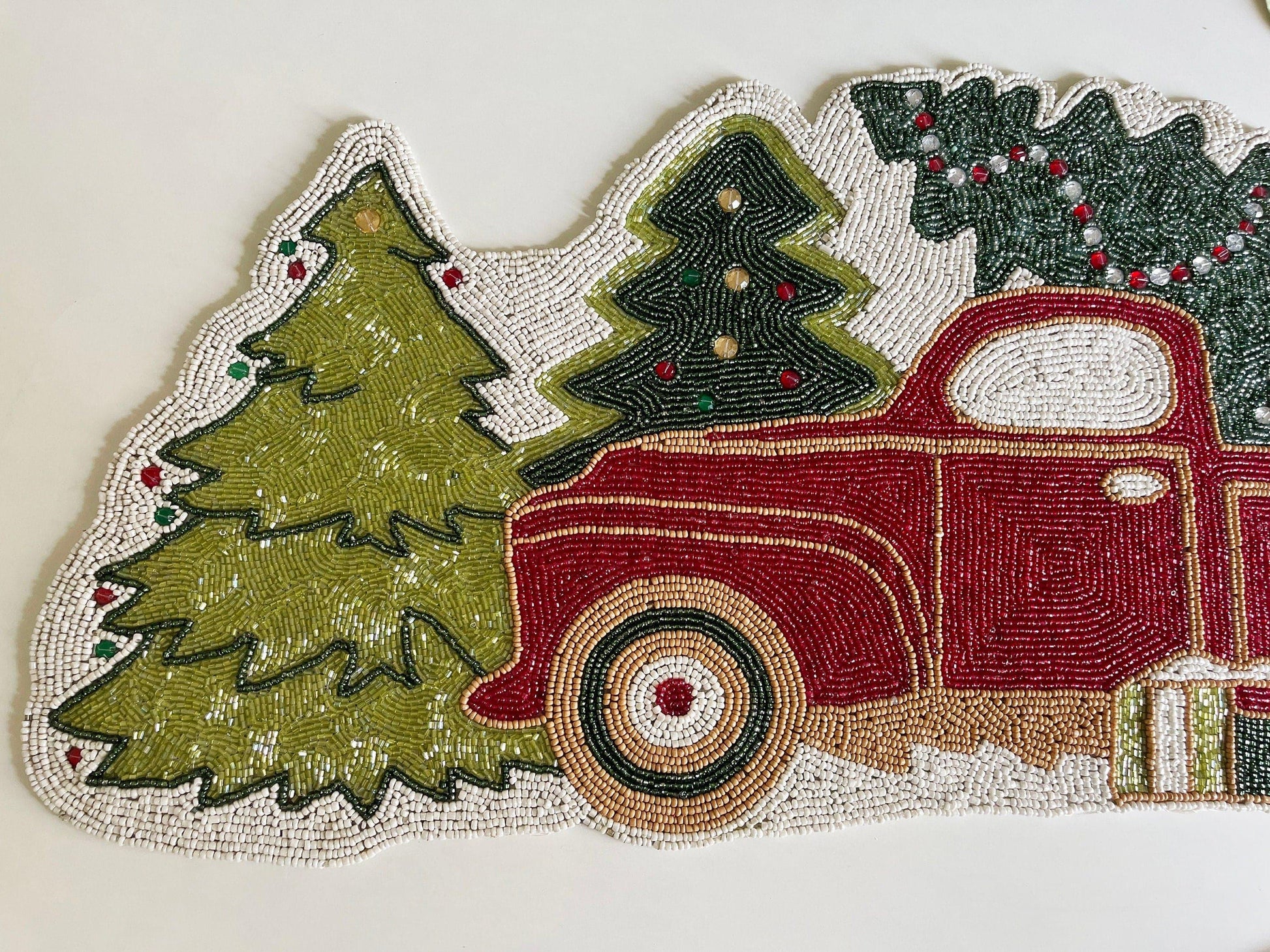 Christmas Trees and Red Trucks Beaded Table Runner - MAIA HOMES