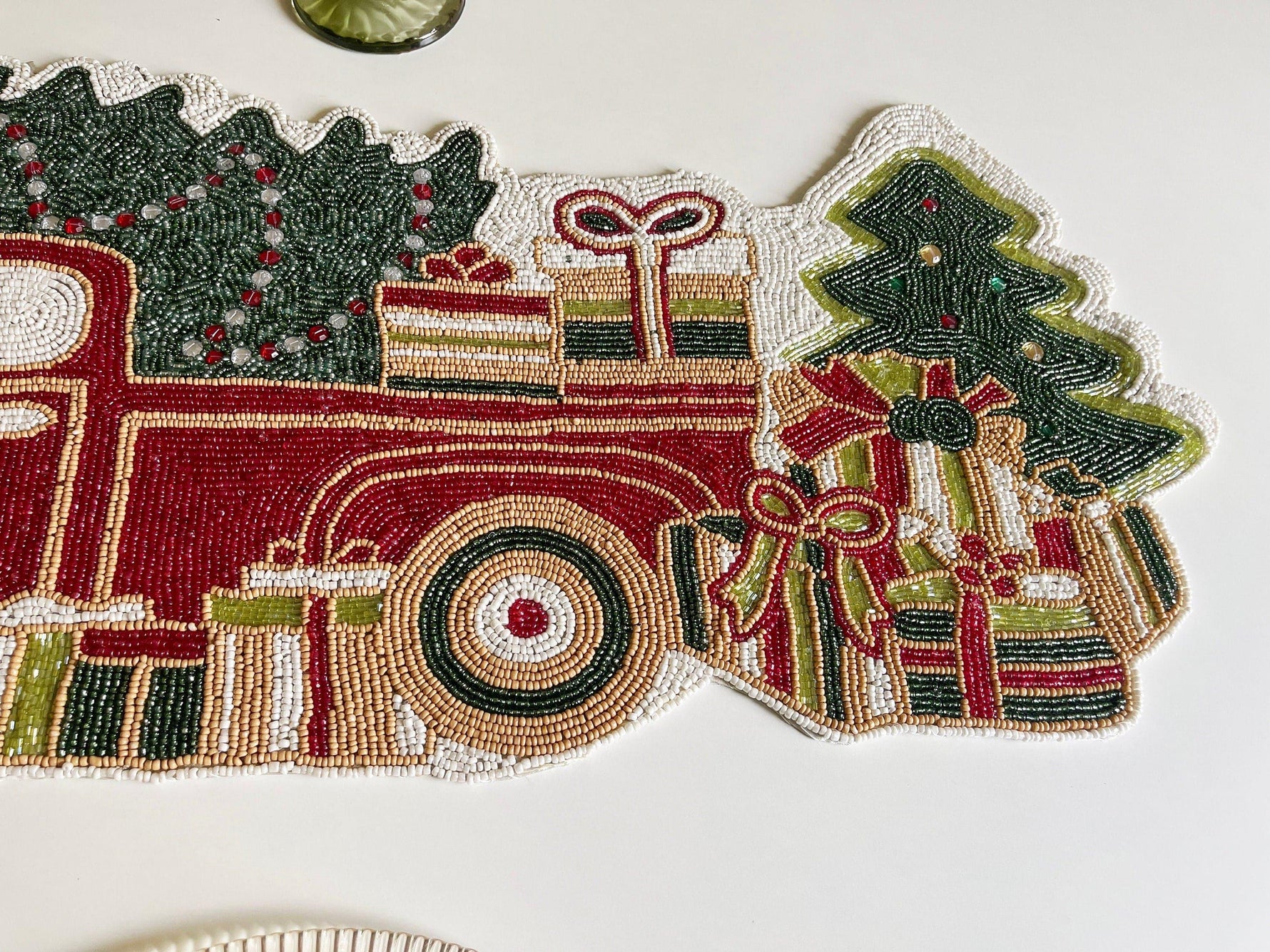 Christmas Trees and Red Trucks Beaded Table Runner