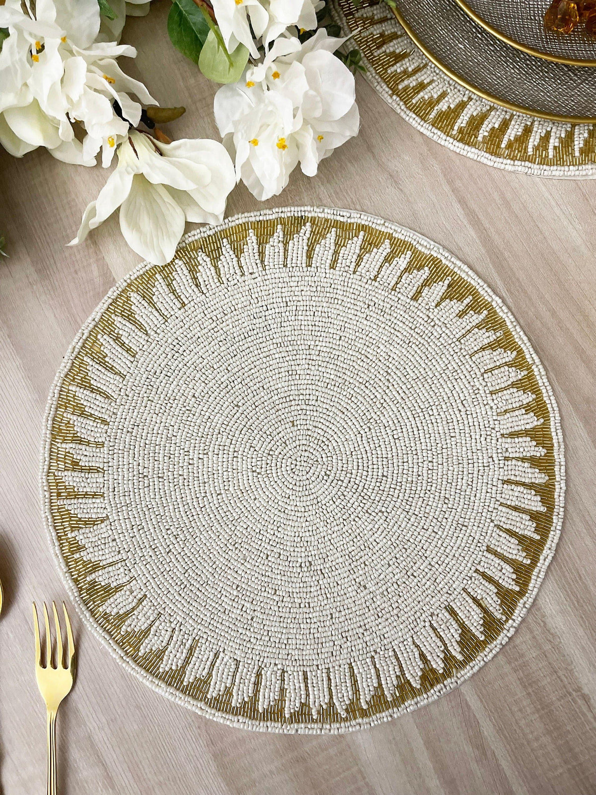 Christy Gold and White Round Beaded Placemat