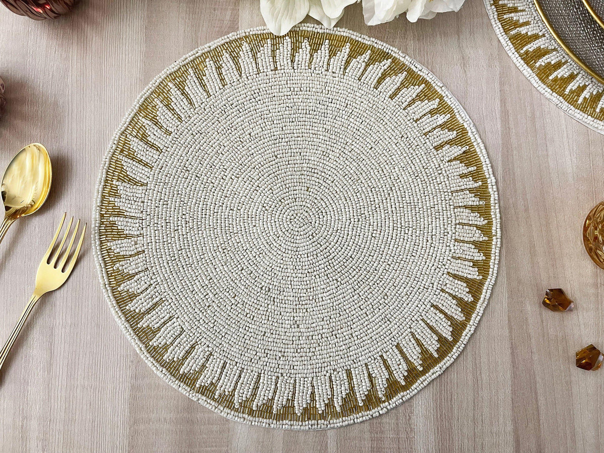 Christy Gold and White Round Beaded Placemat