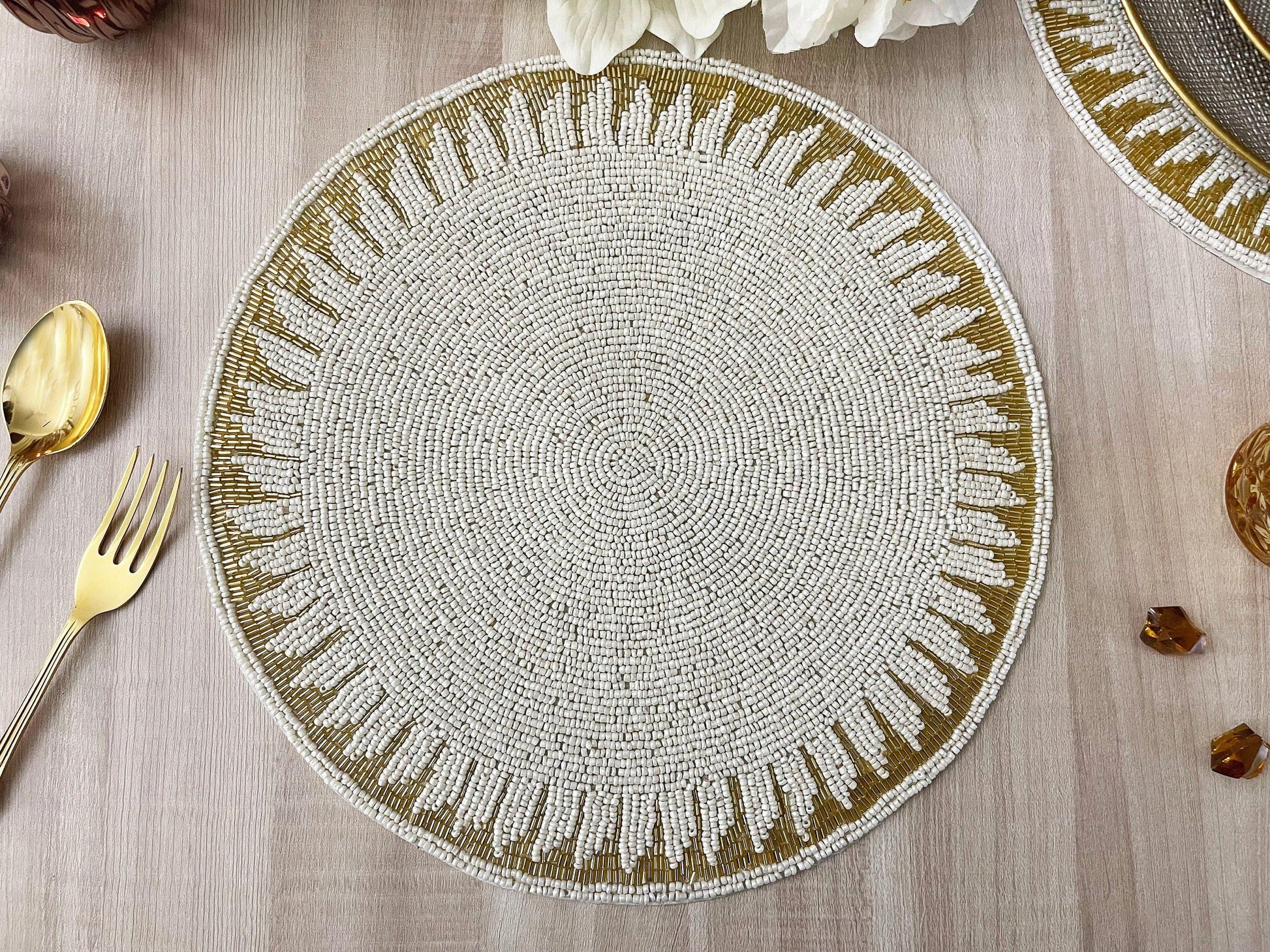 Christy Gold and White Round Beaded Placemat - MAIA HOMES