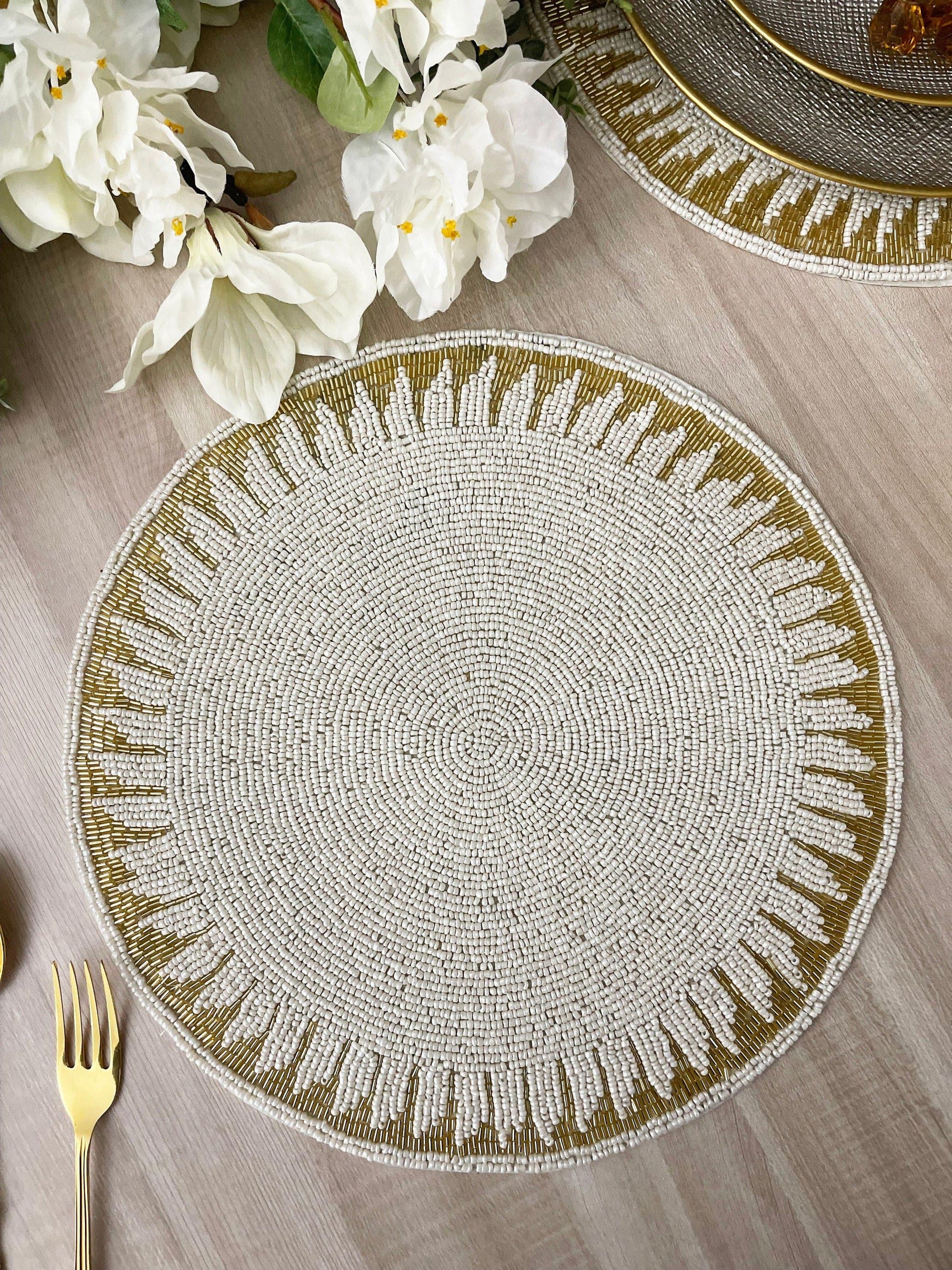 Christy Gold and White Round Beaded Placemat