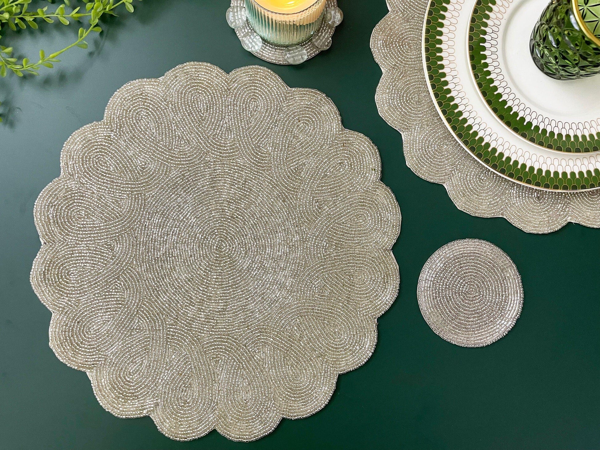 Classic Bead Scalloped Placemat - Silver - MAIA HOMES