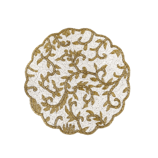 Classic Floral Motif Beaded Placemat - White/Gold - MAIA HOMES