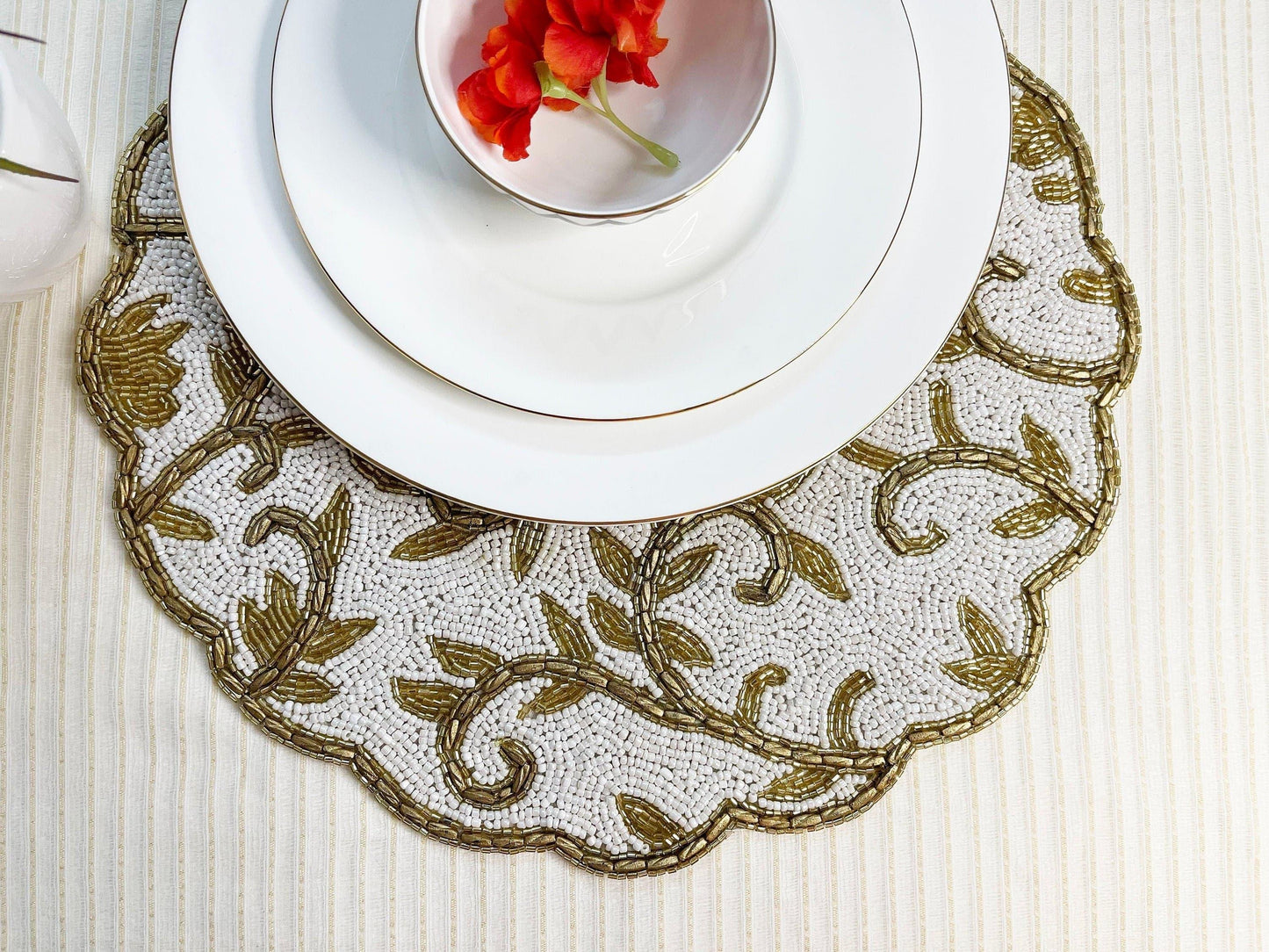 Classic Floral Motif Beaded Placemat - White/Gold - MAIA HOMES