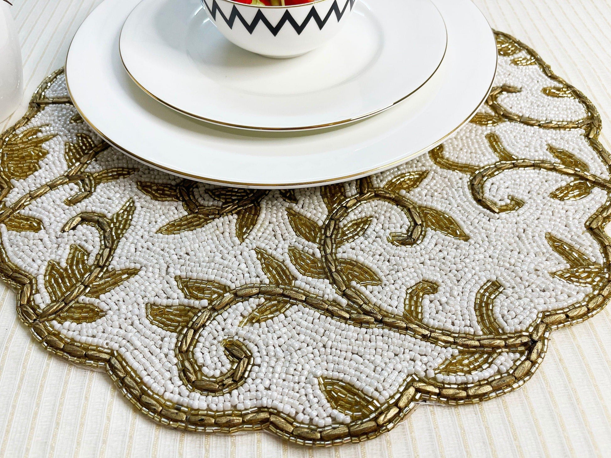 Classic Floral Motif Beaded Placemat - White/Gold - MAIA HOMES