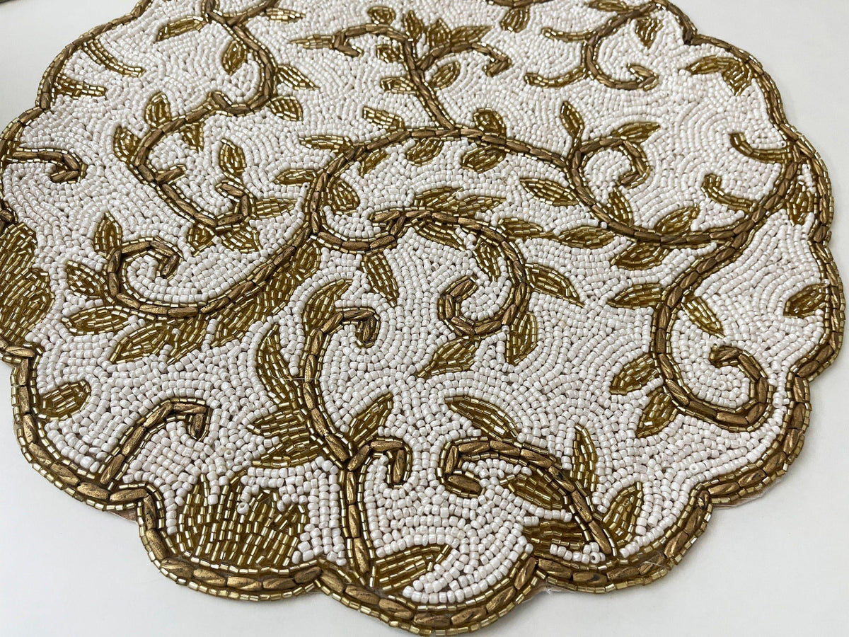 Classic Floral Motif Beaded Placemat - White/Gold