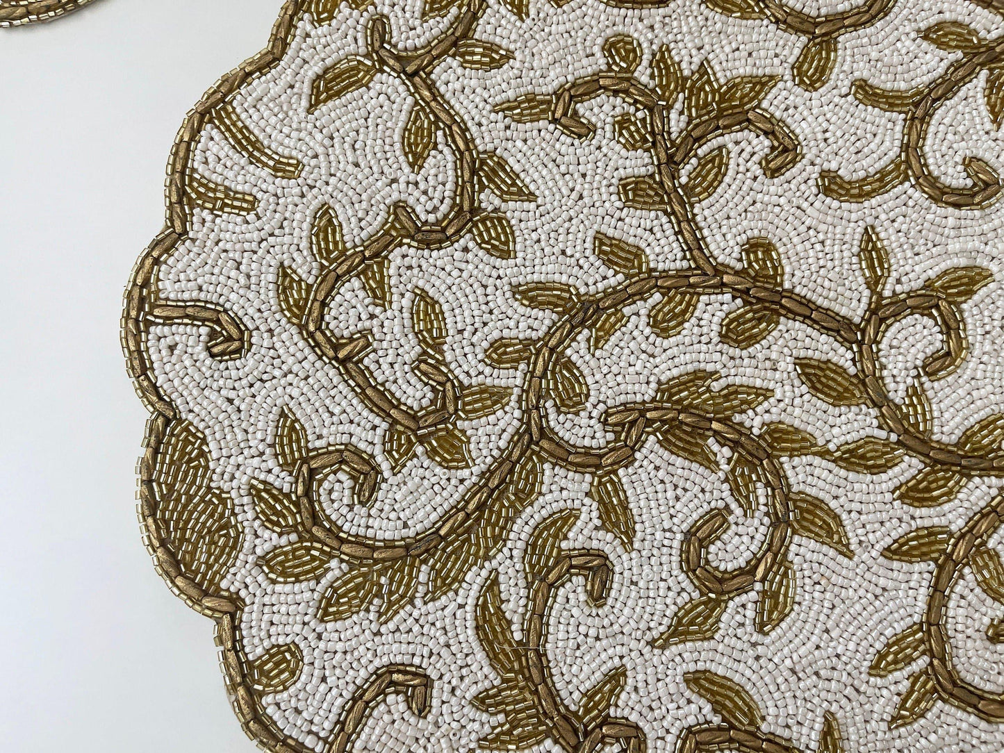 Classic Floral Motif Beaded Placemat - White/Gold - MAIA HOMES