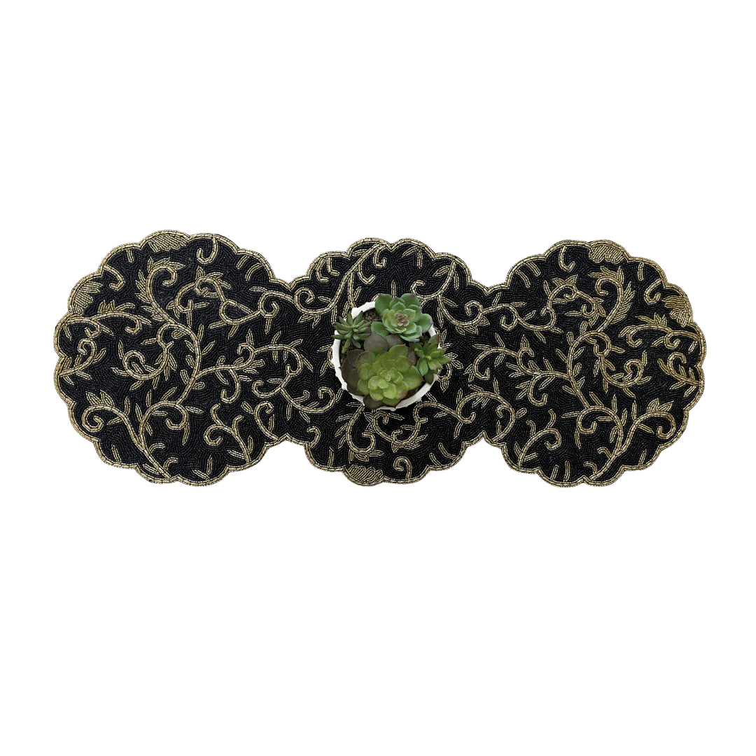 Classic Floral Motif Beaded Table Runner - Black/Gold