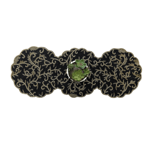 Classic Floral Motif Beaded Table Runner - Black/Gold