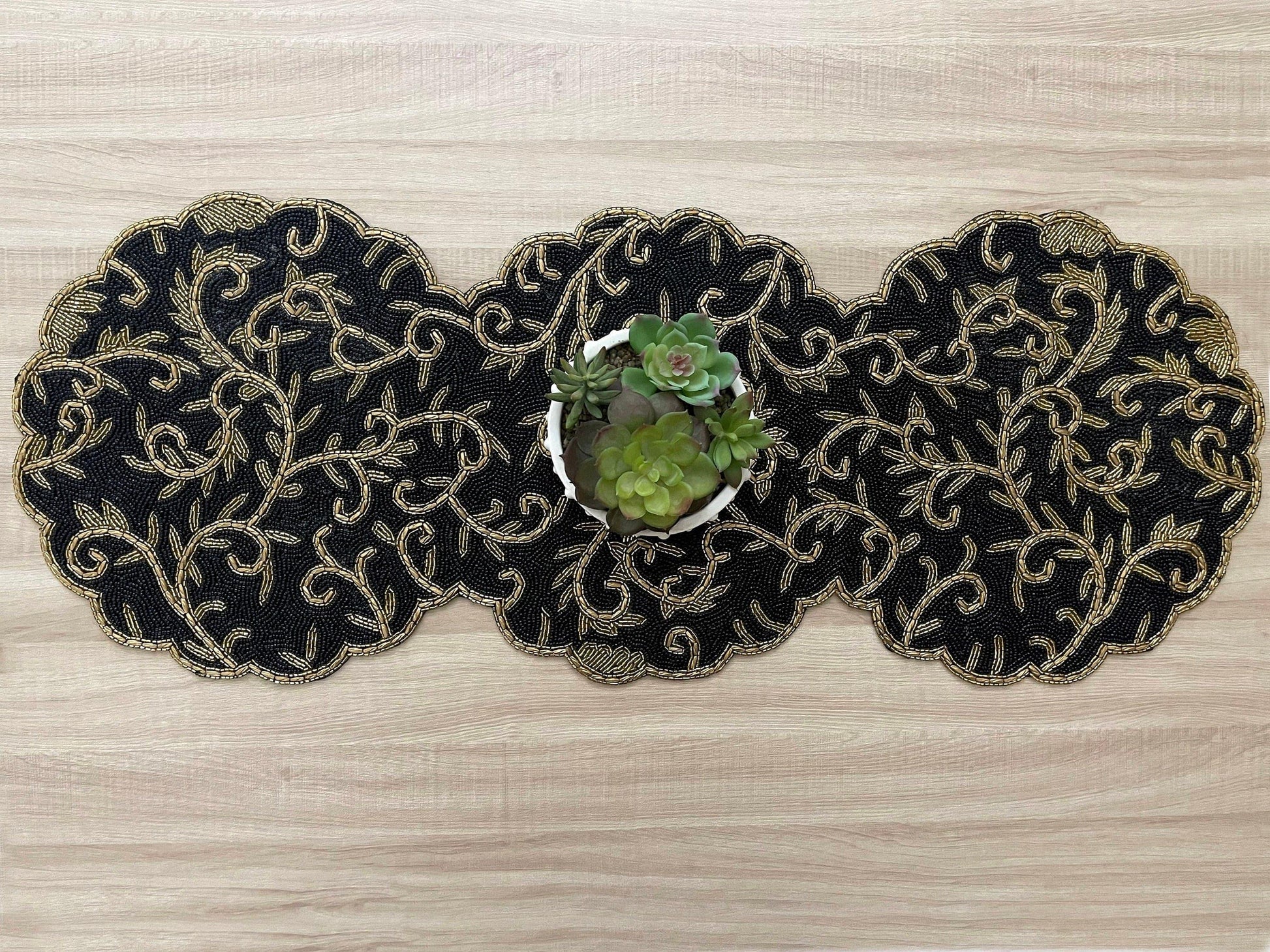 Classic Floral Motif Beaded Table Runner - Black/Gold - MAIA HOMES