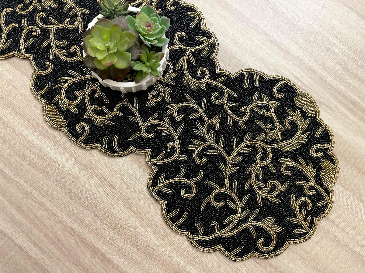 Classic Floral Motif Beaded Table Runner - Black/Gold