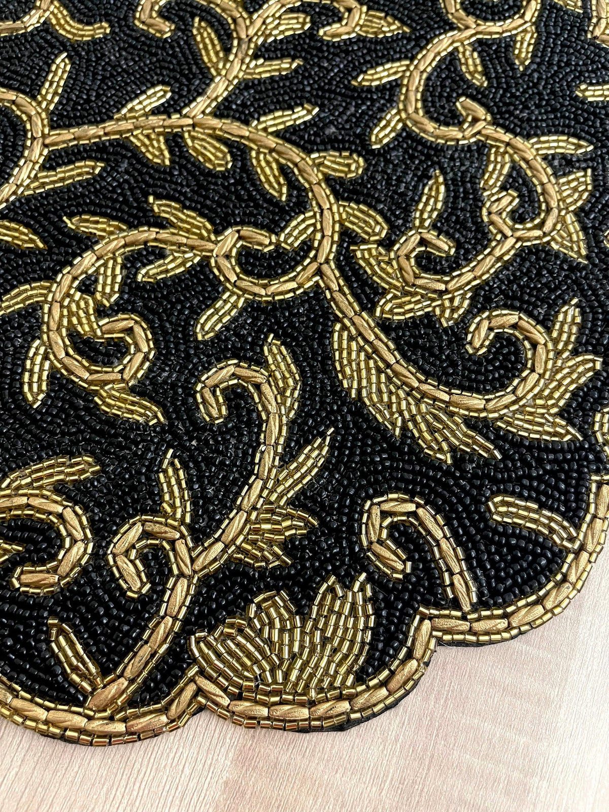 Classic Floral Motif Beaded Table Runner - Black/Gold