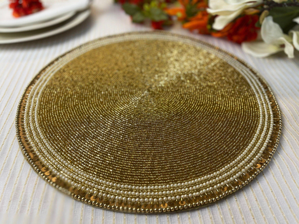 Classic Golden Round Bead and Sequin Placemat - Set of 4