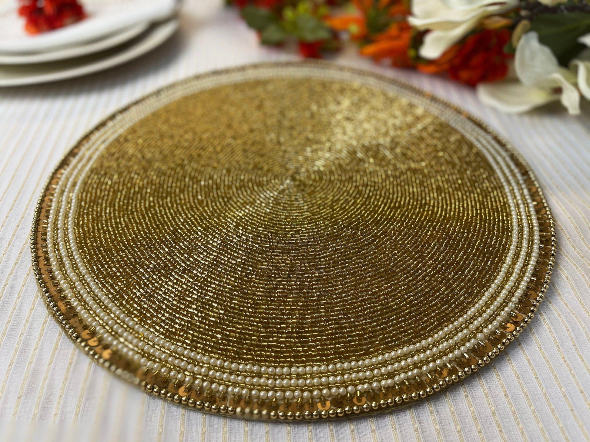 Classic Golden Round Bead and Sequin Placemat - Set of 4 - MAIA HOMES
