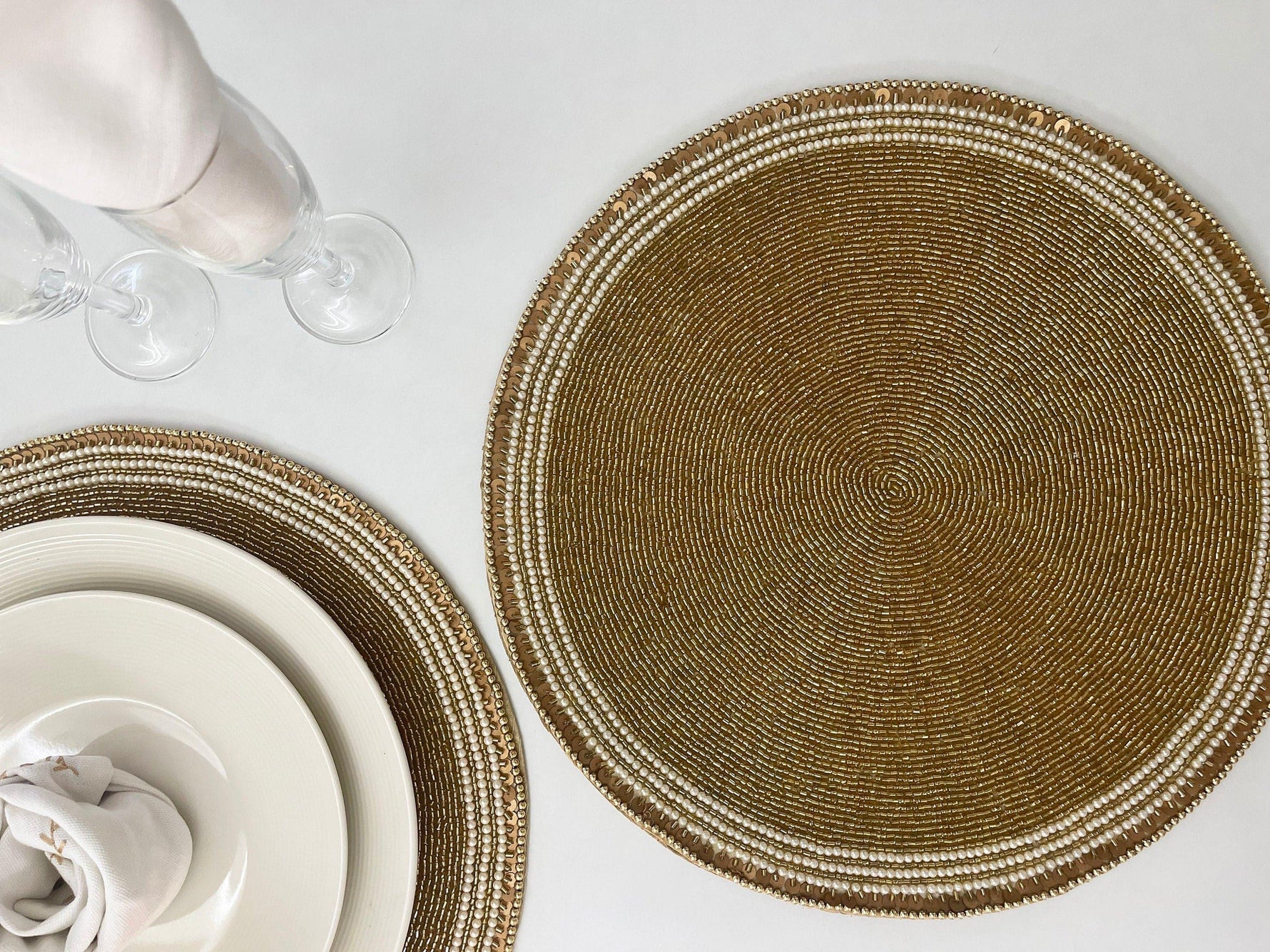 Classic Golden Round Bead and Sequin Placemat - Set of 4