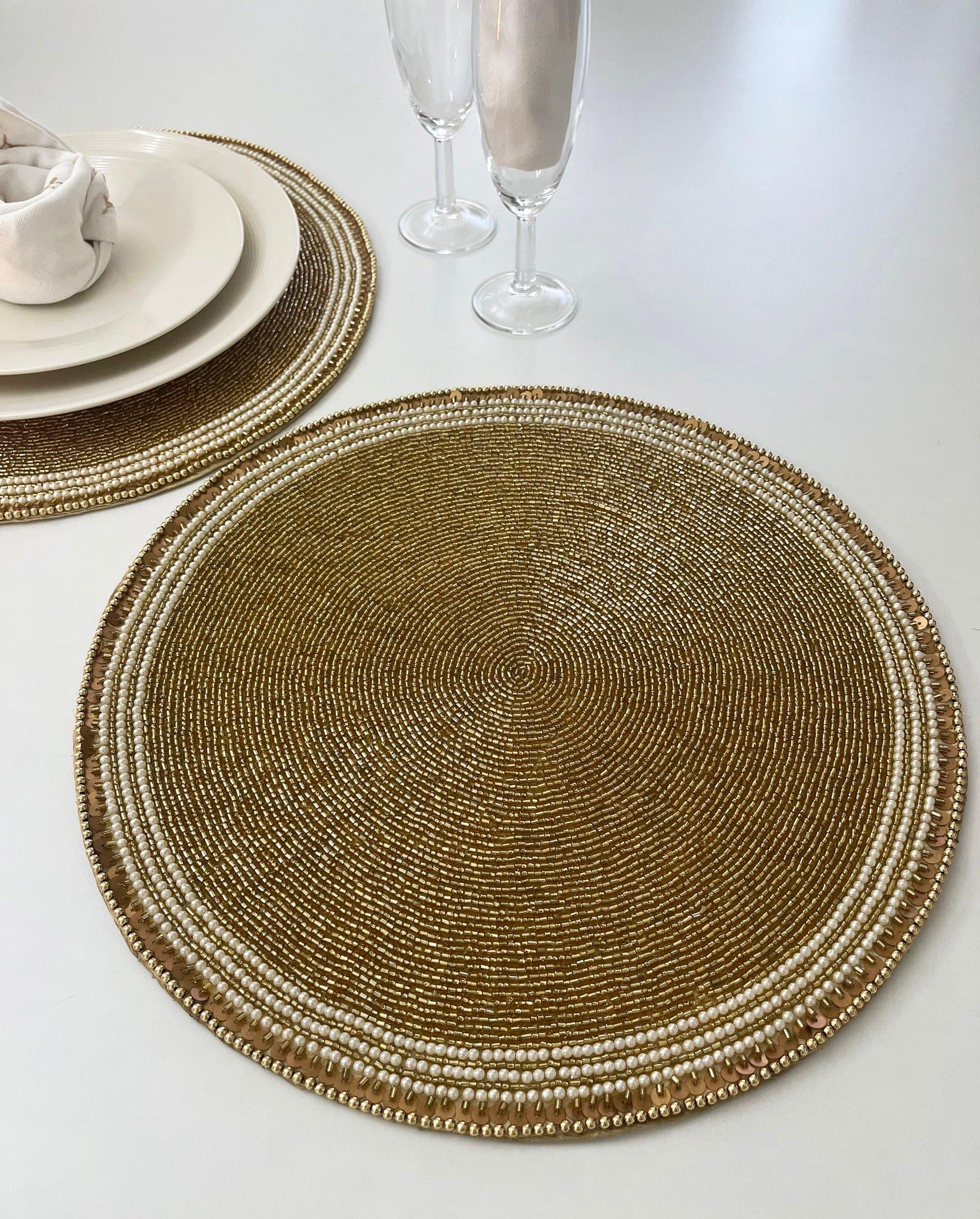 Classic Golden Round Bead and Sequin Placemat - Set of 4 - MAIA HOMES
