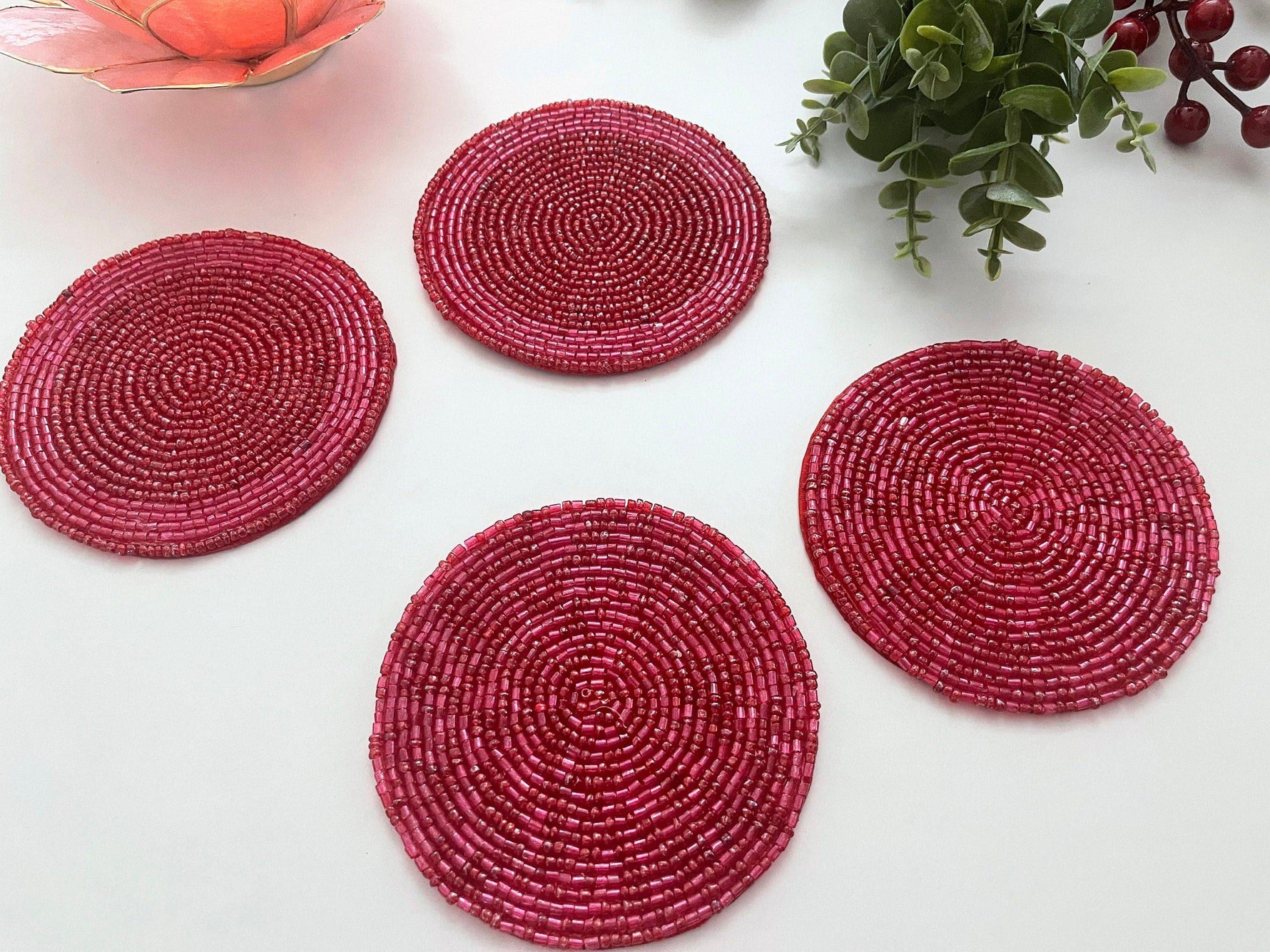 Classic Pinkish Red Beaded Coaster Set