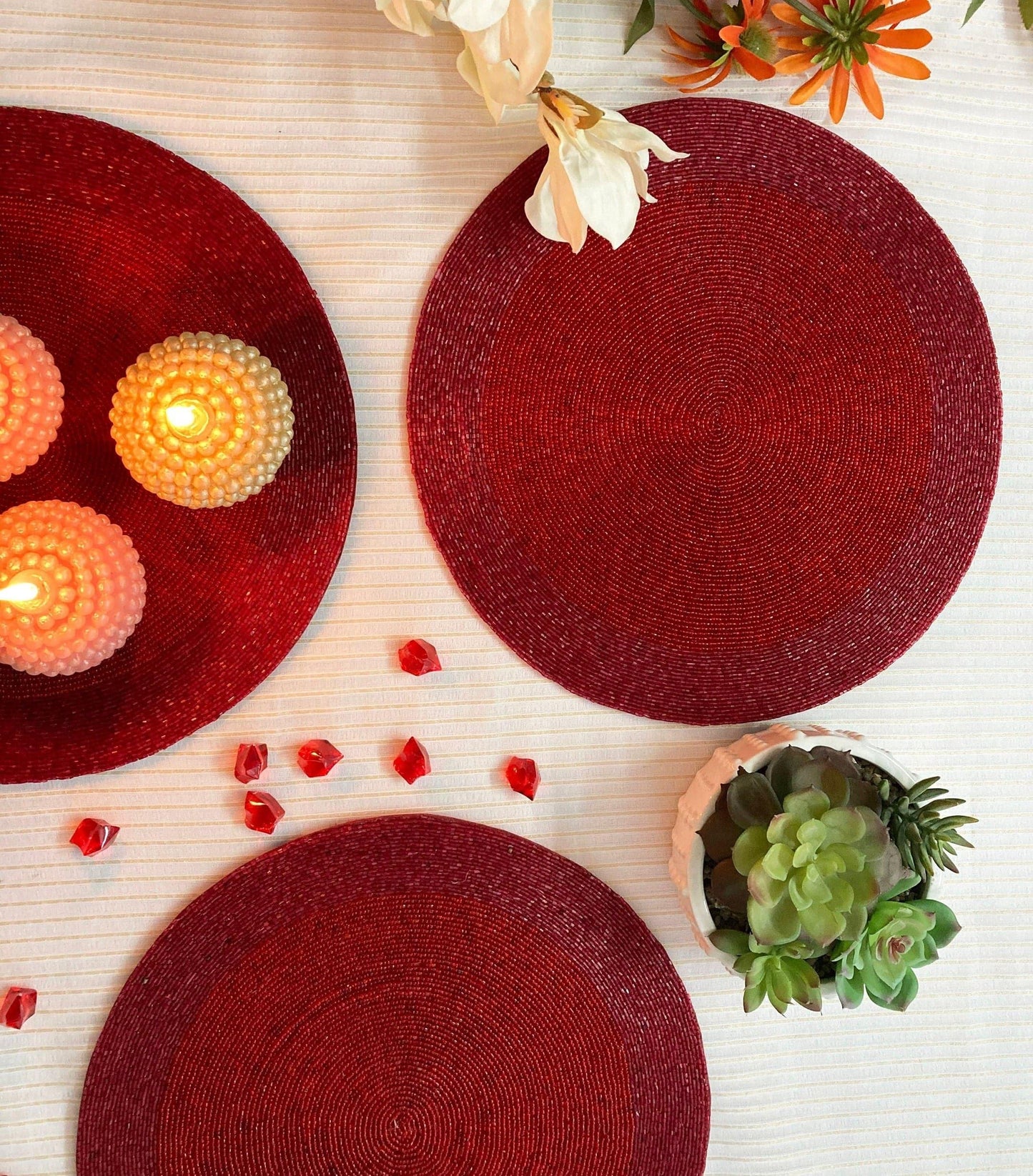 Classic Red Round Beaded Placemat - Set of 4