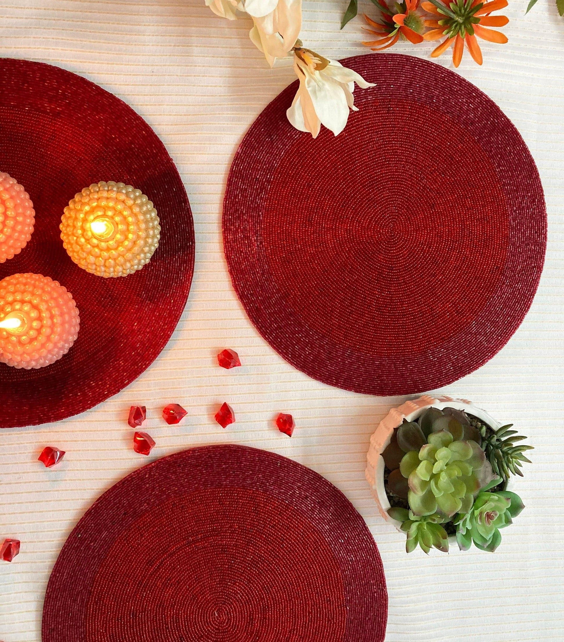 Classic Red Round Beaded Placemat - Set of 4