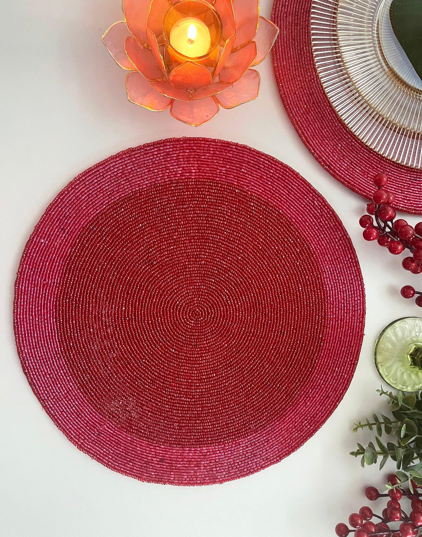 Classic Red Round Beaded Placemat - Set of 4