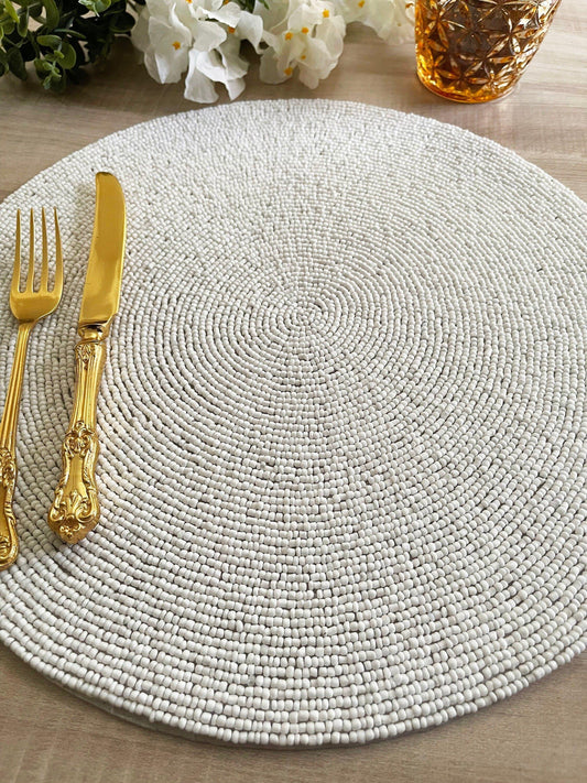 Classic White Round Beaded Placemat - Set of 6 - MAIA HOMES