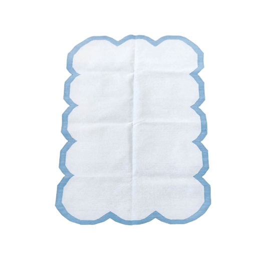 Classic White Scallop Cotton Rug with Blue Border - MAIA HOMES