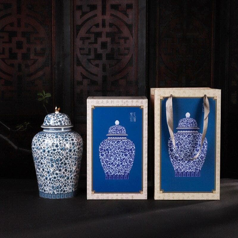 Classical Blue Flower and Leaf Ginger Jar - MAIA HOMES