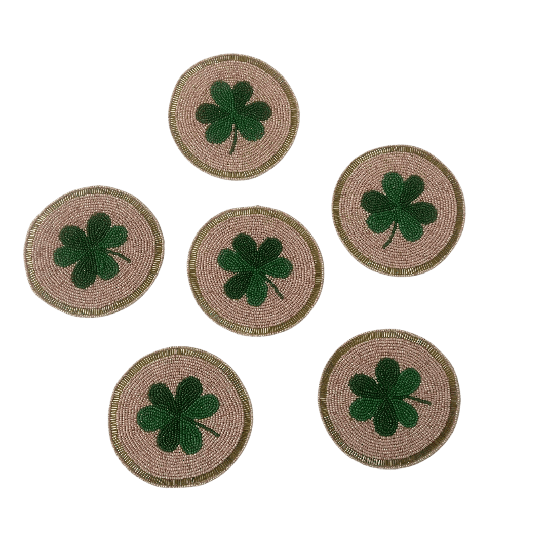 Clover Leaf Shamrock Beaded Round Coasters