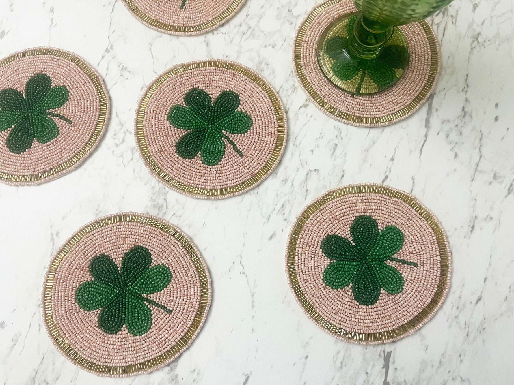 Clover Leaf Shamrock Beaded Round Coasters