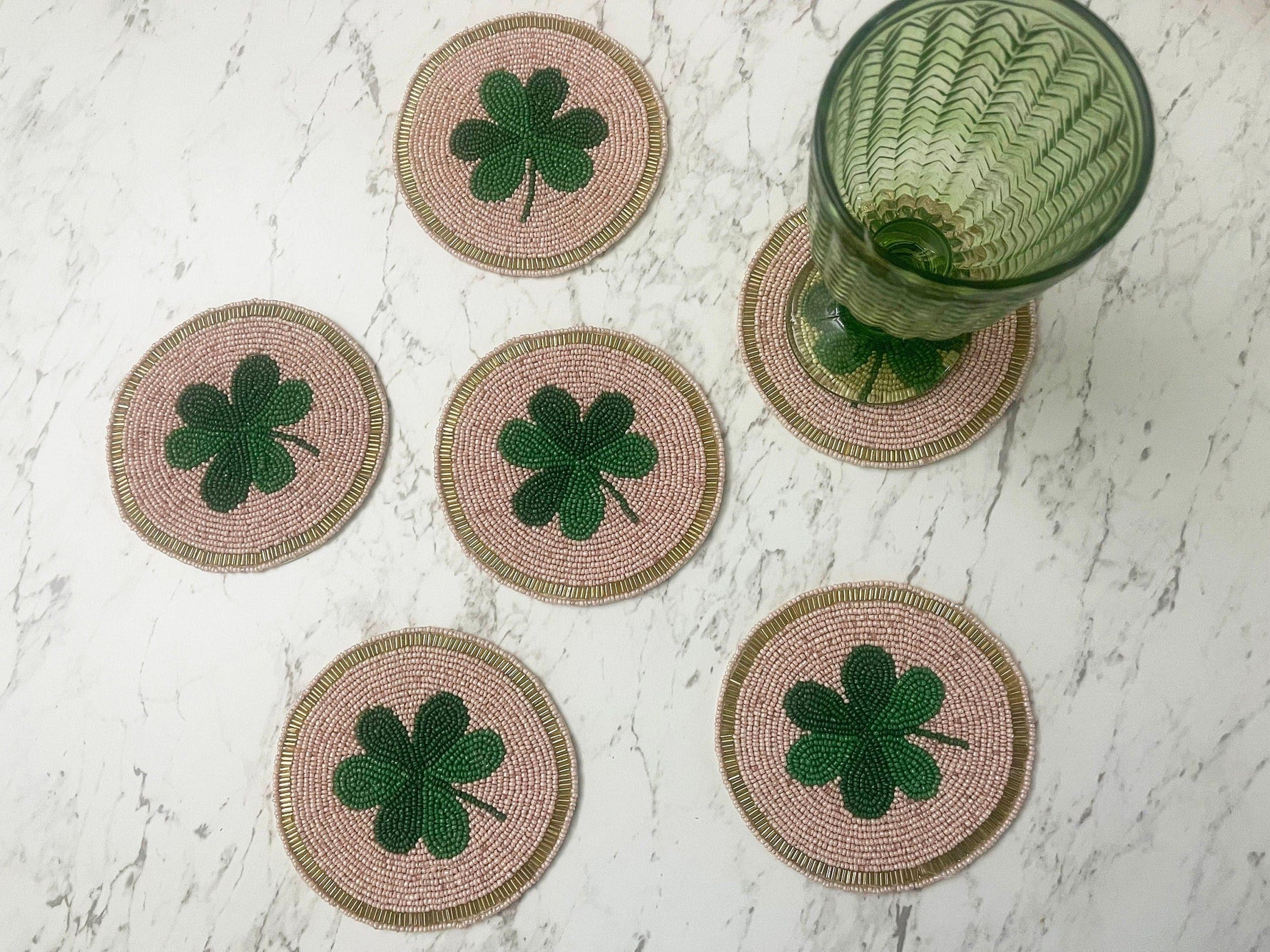 Clover Leaf Shamrock Beaded Round Coasters