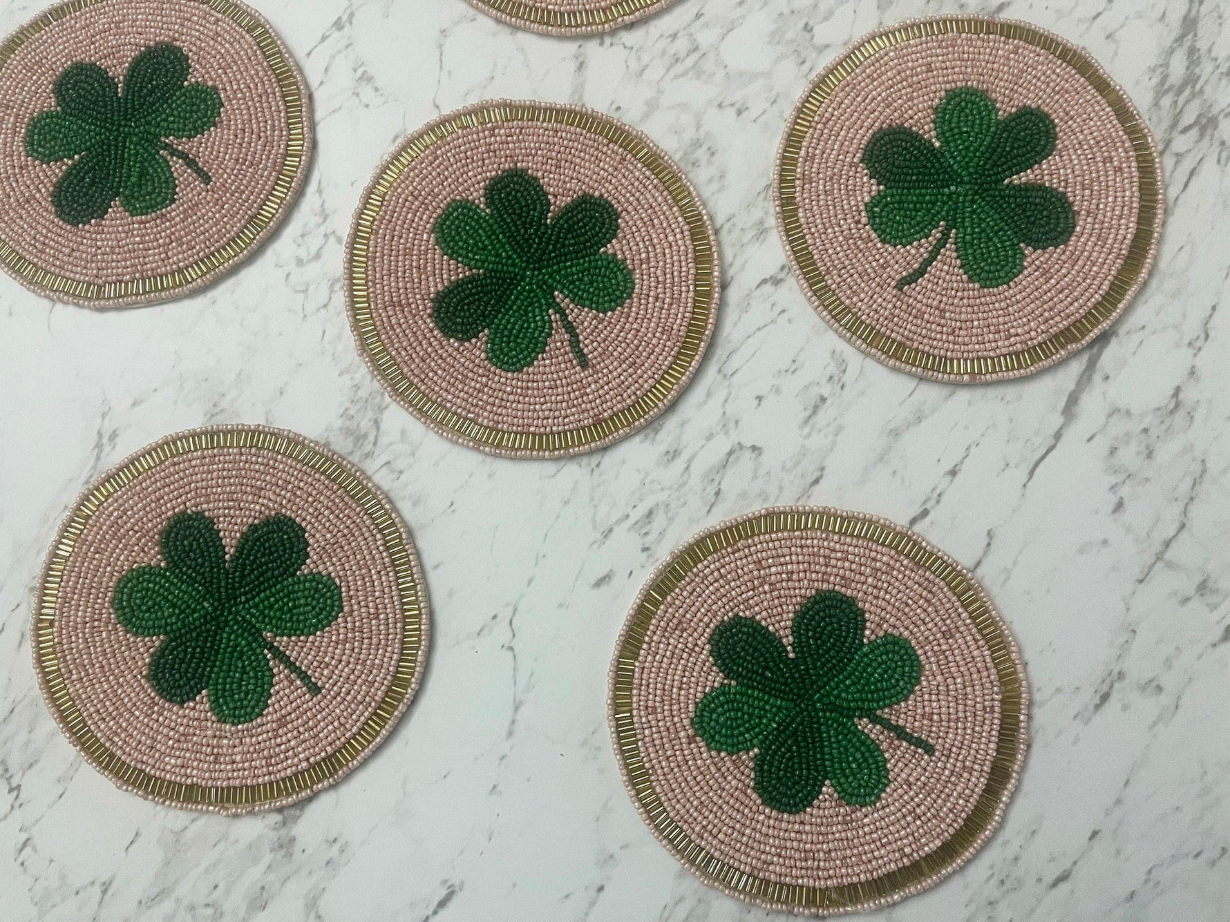 Clover Leaf Shamrock Beaded Round Coasters