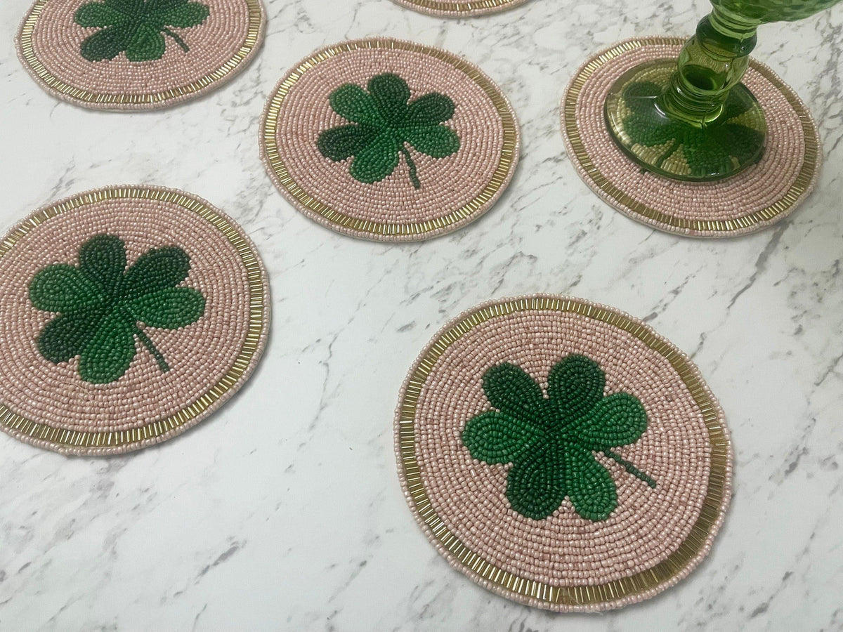 Clover Leaf Shamrock Beaded Round Coasters