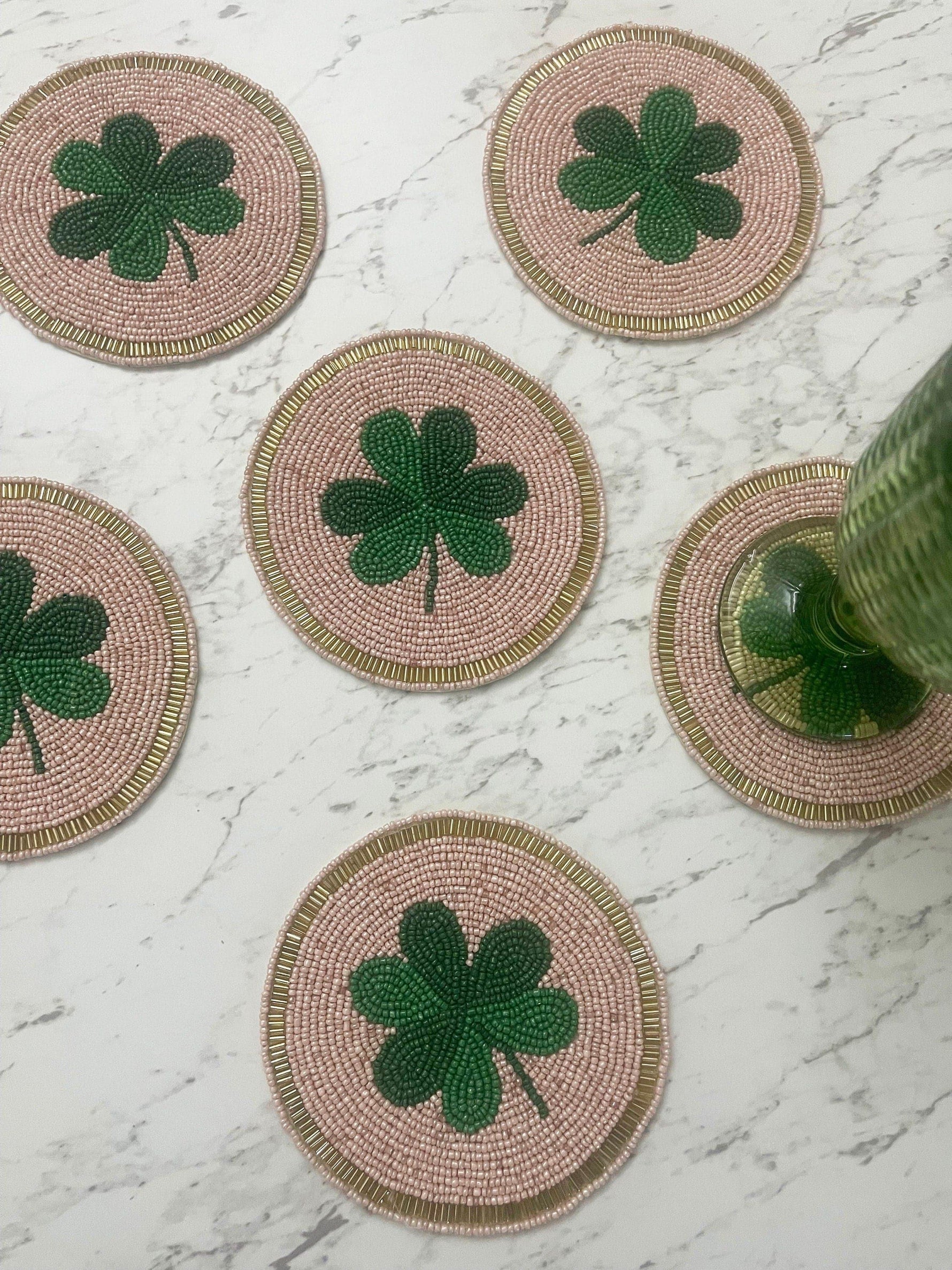 Clover Leaf Shamrock Beaded Round Coasters