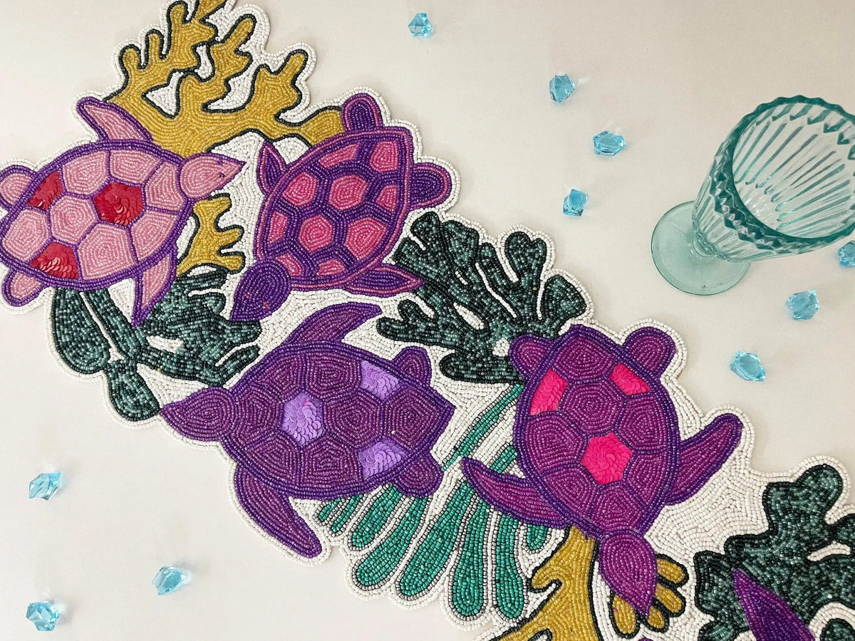 Coastal Oceanic Sea Turtle and Coral Beaded Table Runner