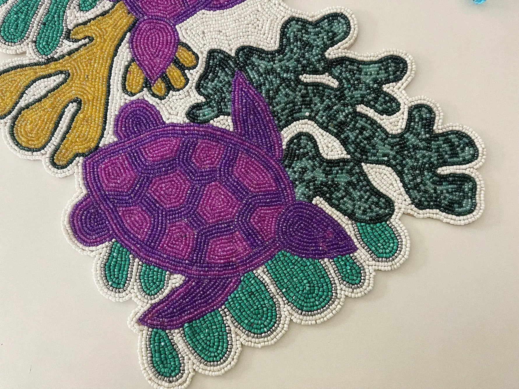 Coastal Oceanic Sea Turtle and Coral Beaded Table Runner