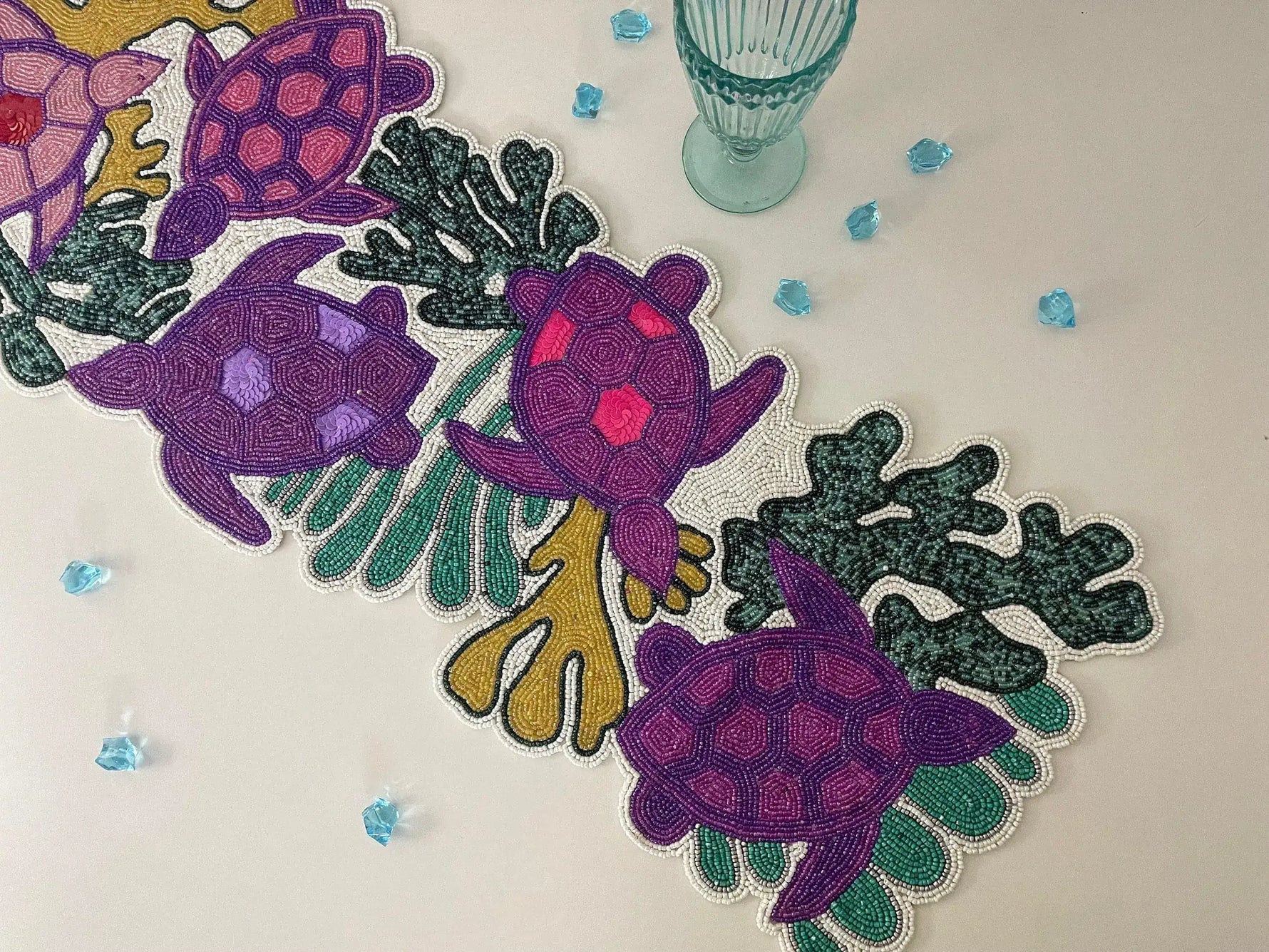 Coastal Oceanic Sea Turtle and Coral Beaded Table Runner
