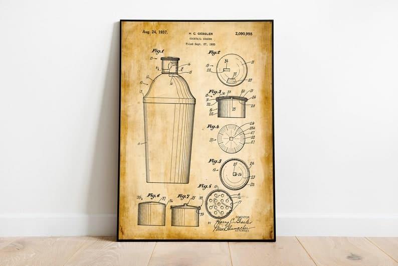 Cocktail Shaker Patent Print| Framed Art Print