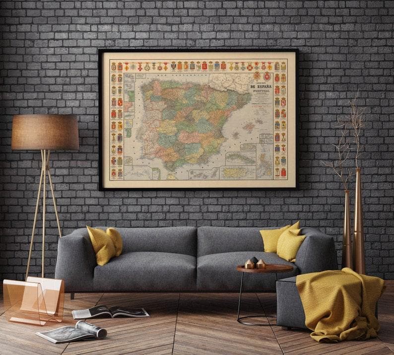 Color Map of Spain and Portugal and its colonies in 1892| Old Map Wall Print - MAIA HOMES